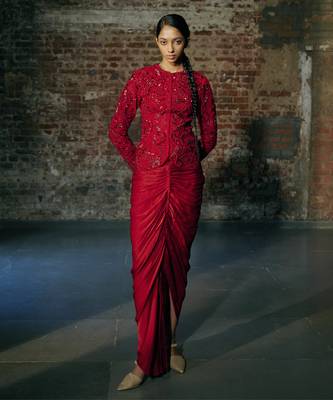 Red short jacket with drape skirt set 1