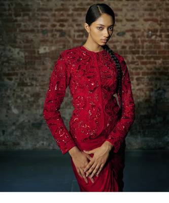 Red short jacket with drape skirt set 2
