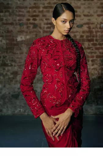 Red short jacket with drape skirt set