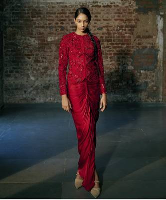 Red short jacket with drape skirt set 3