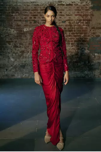 Red short jacket with drape skirt set