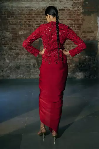 Red short jacket with drape skirt set