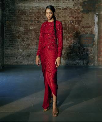 Red short jacket with drape skirt set 5
