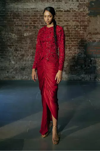 Red short jacket with drape skirt set