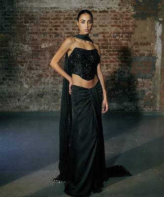Black Satin Corset with Drape Skirt Set  1