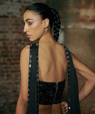 Black Satin Corset with Drape Skirt Set  2