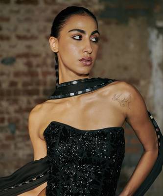 Black Satin Corset with Drape Skirt Set  4