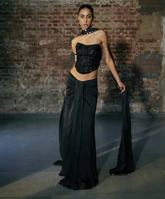 Black Satin Corset with Drape Skirt Set  5