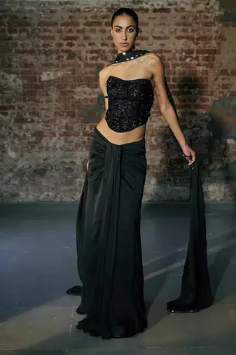 Black Satin Corset with Drape Skirt Set 