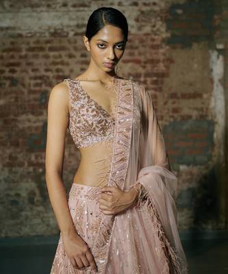 Rose Gold Swarm Lehenga Set Paired With Blouse And Dupatta 5