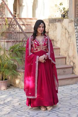 Pink georgette embroidered ceremonial gown with dupatta 1