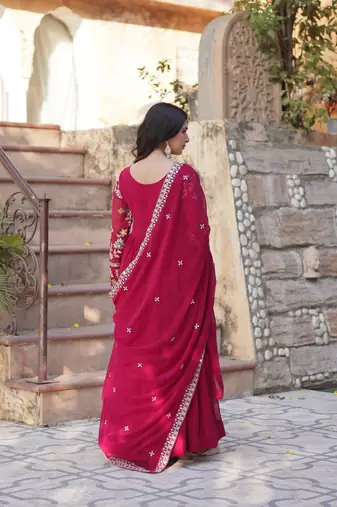 Pink georgette embroidered ceremonial gown with dupatta