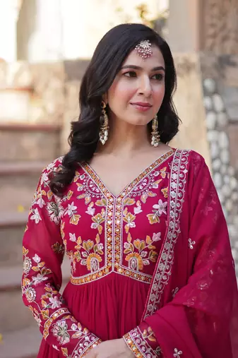 Pink georgette embroidered ceremonial gown with dupatta
