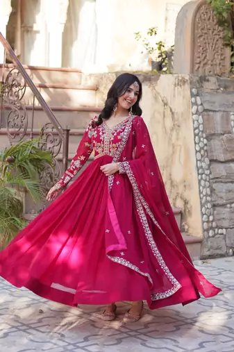 Pink georgette embroidered ceremonial gown with dupatta