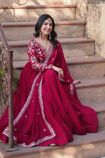 Pink georgette embroidered ceremonial gown with dupatta
