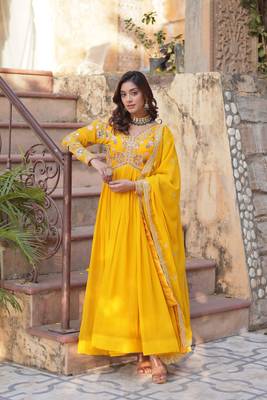 Yellow georgette embroidered ceremonial gown with dupatta 1