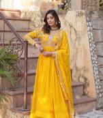 Yellow georgette fabric embroidered ceremonial gown with dupatta