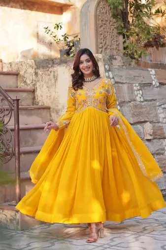 Yellow georgette embroidered ceremonial gown with dupatta
