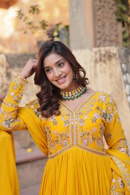 Yellow georgette embroidered ceremonial gown with dupatta 4