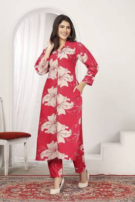Red rayon floral printed co-ord set dress 1