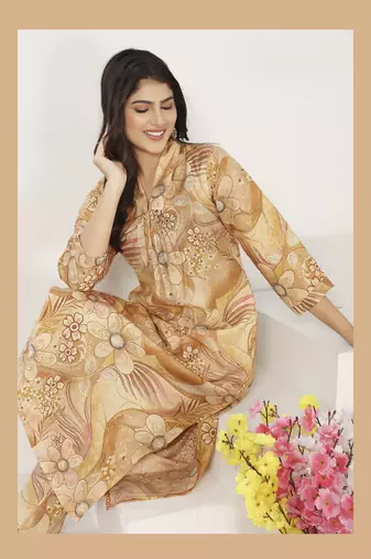 Beige chanderi floral printed co-ord set dress