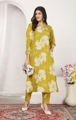 Mustard rayon floral printed co-ord set dress 1