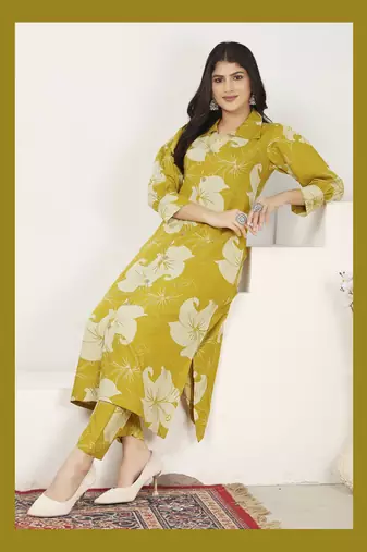 Mustard rayon floral printed co-ord set dress