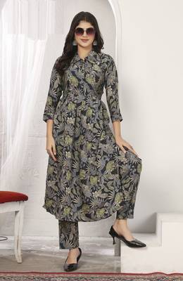 Blue rayon floral printed co-ord set dress 1