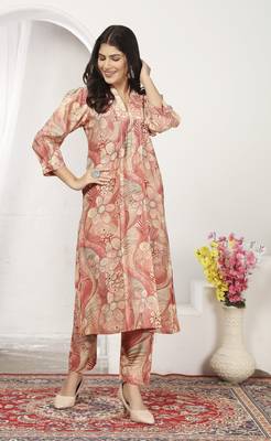 Peach chanderi floral printed co-ord set dress 1