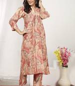 Peach chanderi fabric designer floral printed co-ord set dress