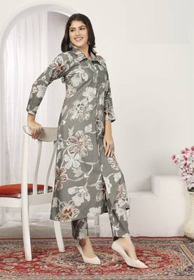 Grey chanderi floral printed co-ord set dress 1