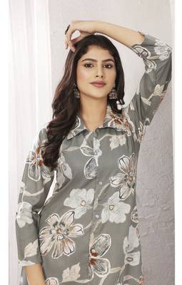 Grey chanderi floral printed co-ord set dress 3