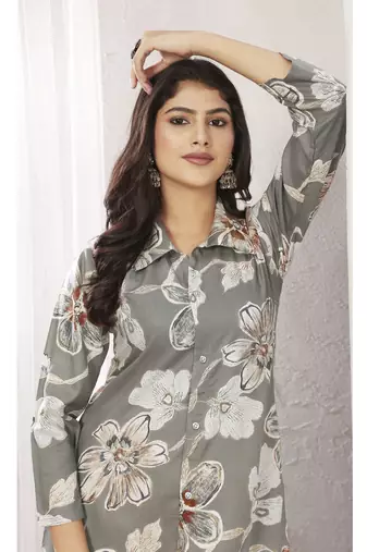 Grey chanderi floral printed co-ord set dress