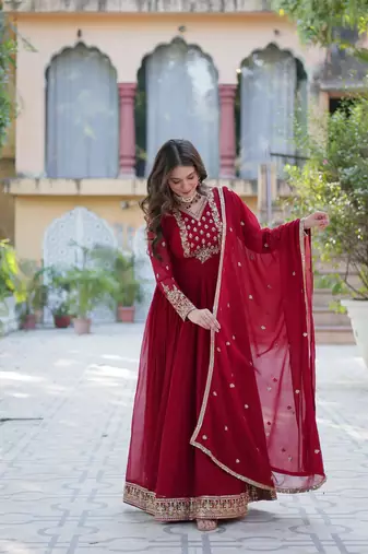 Maroon georgette sequins gown with dupatta