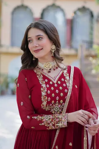 Maroon georgette sequins gown with dupatta