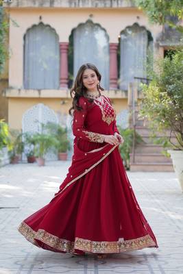 Maroon georgette sequins gown with dupatta 6