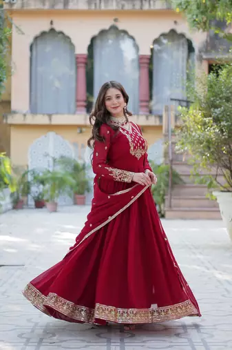 Maroon georgette sequins gown with dupatta