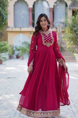Pink georgette sequins gown with dupatta 1