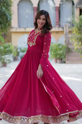 Pink georgette sequins gown with dupatta