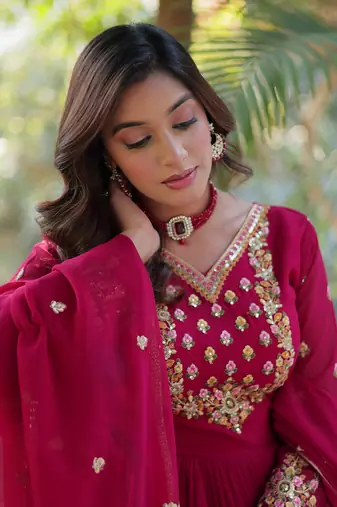 Pink georgette sequins gown with dupatta