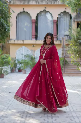 Pink georgette sequins gown with dupatta