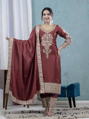 MAROON CHINON SILK  PARTY WEAR SUIT SET  1