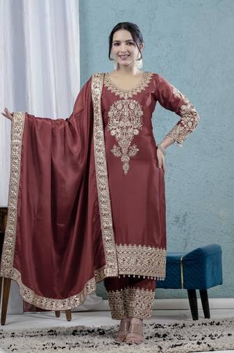 MAROON CHINON SILK  PARTY WEAR SUIT SET 