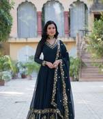 Heavy embroidered georgette fabric teal blue ceremonial dress