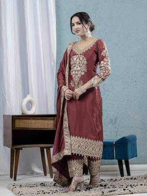 MAROON CHINON SILK  PARTY WEAR SUIT SET  3