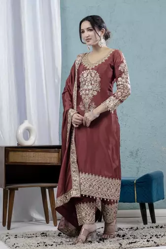 MAROON CHINON SILK  PARTY WEAR SUIT SET 