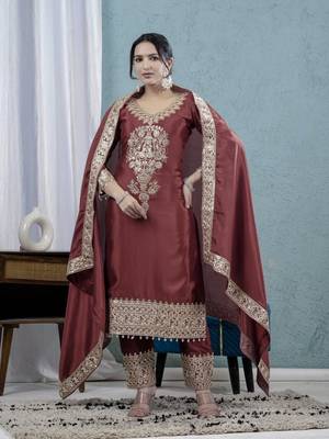MAROON CHINON SILK  PARTY WEAR SUIT SET  4