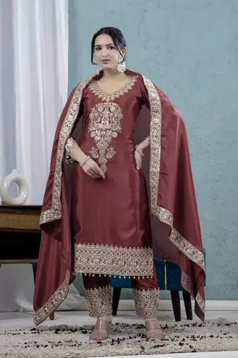 MAROON CHINON SILK  PARTY WEAR SUIT SET 