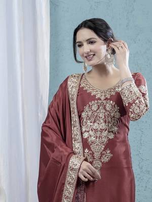 MAROON CHINON SILK  PARTY WEAR SUIT SET  5