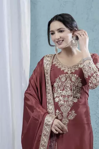 MAROON CHINON SILK  PARTY WEAR SUIT SET 